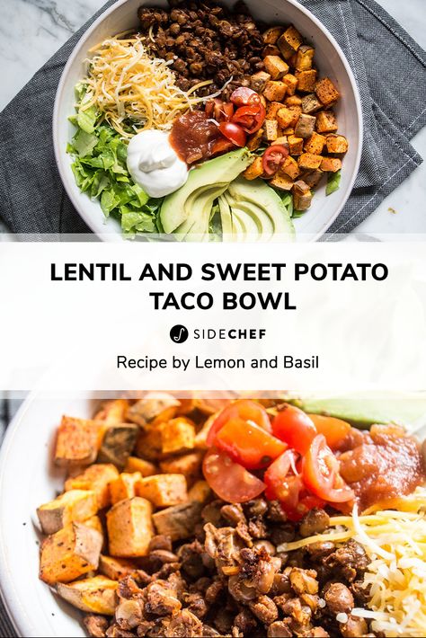 Lentil Sweet Potato Bowl, Lentil Taco Bowl, Lentil Bowl Recipe, Potato Taco Bowl, Lentil Bowls, Lentil Bowl, Heathy Eats, Lentil Sweet Potato, Aip Dinners