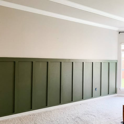 Green Board And Batten Wall Nursery, Conifer Green Behr, Behr Conifer Green, Green Board And Batten, Board Batten Wall, Fluted Panel, Townhouse Ideas, Batten Wall, Board Batten