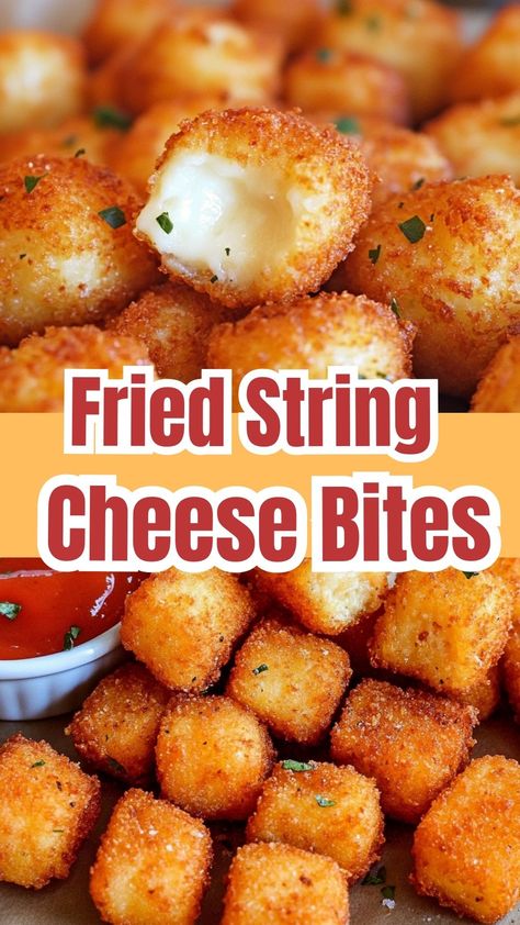 Easy Fried String Cheese Bites Easy Cheese Bites, Homemade Fried Cheese Sticks, Cheese Sticks With String Cheese, String Cheese Recipes, Cheese Fingers, Cheesy Appetizers, Fried Cheese Bites, Fried Cheese Sticks, Cheesy Ranch Potatoes