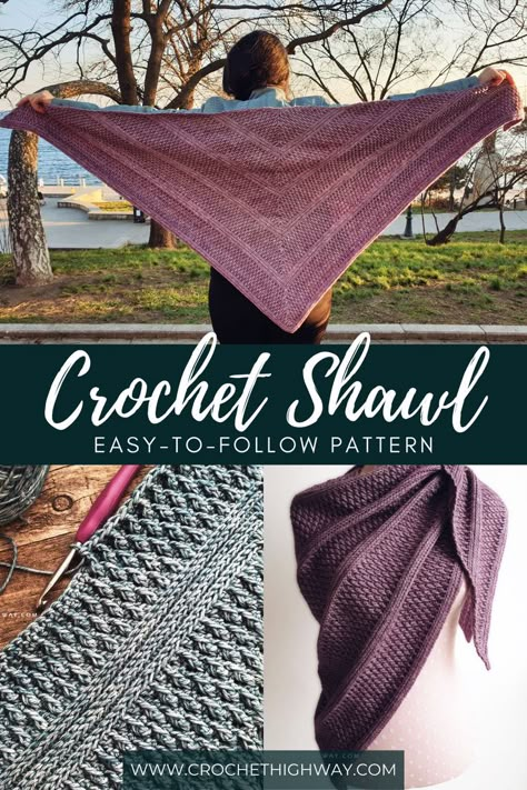 Shawl Crochet Pattern Easy, Crochet Block Stitch, Triangle Shawl Crochet, Alpine Stitch, Crochet Triangle Shawl, Crochet Triangle Shawl Pattern, Crochet Triangle Scarf, Crochet Shawl Free, Textured Crochet