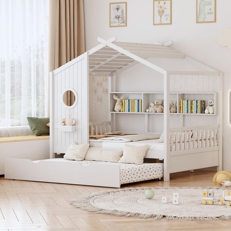 Home Decor Childern Bedroom Ideas Twin Bed With Rails, House Bed Girls Room, Full Size Kids Bed, Princess Bed With Slide, Trundle Bed Ideas, Toddler Montessori Bedroom, Full Trundle Bed, Farmhouse Kids Bedroom, Interior Designing Ideas