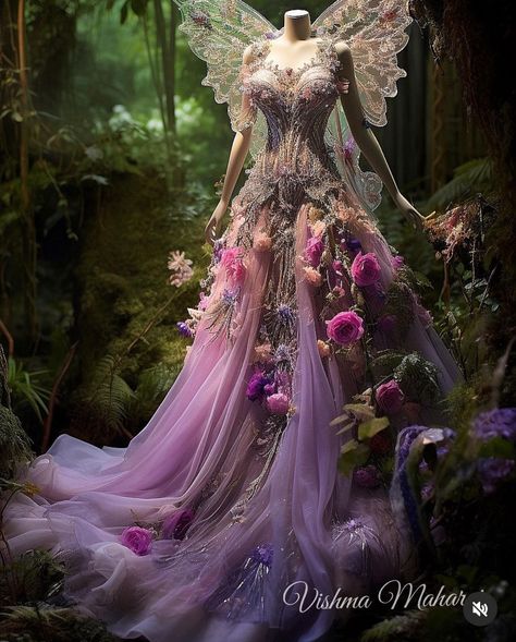 cr. whizicalmermaid on ig Garden Dress Aesthetic, Enchanted Forest Theme Outfit, Enchanted Forest Gown, Fairy Ballgown, Forest Gown, Royalty Gown, Secret Garden Dress, Fairy Garden Theme, Oc Art Ideas