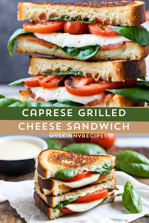 Caprese Grilled Cheese Sandwich: A mouthwatering twist on a classic favorite. Layers of fresh mozzarella, tomatoes, and basil, drizzled with balsamic glaze, sandwiched between golden, buttery bread. Perfect for a quick and delicious lunch or dinner #myskinnyrecipes #Caprese Grilled Cheese Sandwich Sourdough Caprese Sandwich, Caprese Grilled Cheese Sandwich, Meals With Fresh Mozzarella, Grilled Caprese Sandwich, Tomato And Mozzarella Sandwich, Grilled Cheese And Tomato Sandwich, Recipes With Fresh Mozzarella, Pesto Mozzarella Sandwich, Whole Wheat Sandwich Bread Recipe