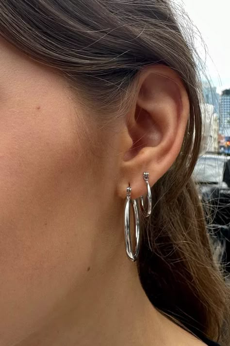 Silver Hoops Aesthetic, Ears Piercing, Double Hoop Earring, Silver Earrings Aesthetic, Two Piercings, Second Ear Piercing, Hoop Earrings Aesthetic, Double Ear Piercings, Pretty Ear Piercings