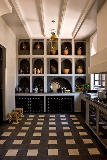 Black white - that is a lovely accent wall except for the studded cabinet doors Best Flooring For Kitchen, Moroccan Kitchen, Casa Country, Moroccan Homes, Moroccan Interiors, Moroccan Design, Moroccan Decor, Moroccan Style, Cheap Home Decor