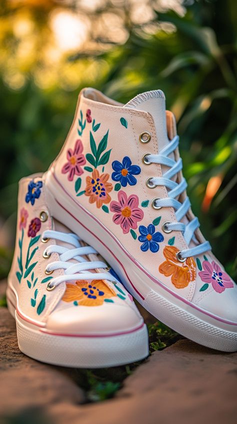 Hand-painted floral design on white high-top sneakers, in soft natural light. Captured with a Canon EOS R5 and RF 50mm f/1.2L lens, showcasing vibrant colors and intricate details. Painted Sneakers Diy Ideas, Sneakers Painting Ideas, Diy Canvas Shoes, Shoe Art Designs, Sharpie Shoes, Shoes Painting, Painted Shoes Diy, Shoe Painting, Painted Canvas Shoes