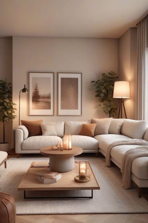 Small Apartment Living Room Neutral, Modern Chill Living Room, Tan Living Room Ideas Neutral Walls, Light And Neutral Living Room, Living Room Themes Apartment Cozy, Home Decor Ideas Living Room Apartment Neutral Colors, Small Airy Living Room, Cosy Cream Living Room, Cozy Living Rooms Beige