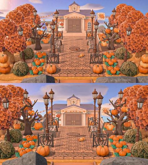 Marina on Instagram: "It suddenly smells like pumpkin 🎃 Codes by @animo.crossing 🫶🏼" Fall Road Path Acnh, Fall Theme Animal Crossing, Acnh Island Design Ideas Halloween, Town Ideas Acnh, Acnh Trick Or Treat Neighborhood, Acnh Autumncore Island, Acnh Fall Town Entrance, Animal Crossing Fall Entrance, Acnh Autumncore Entrance