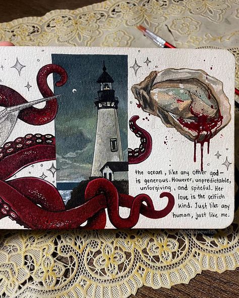 I don't believe in God but I believe that you're my savior. A new sketchbook spread; my interpretation of Sailor Song by Gigi Perez, and wrote some of my thoughts below the bloody oyster.🫀🛥️🐚🐙 #art #kraken #siren #sketchbook #sketchbookspread #horrorart #lovecraftian #sailorsong #ocean #oceanart #drawing #painting #nautical #nauticalart #explorepage Song Illustration Drawings, Aethstetic Sketchbook, Sailor Song Drawing, How To Draw A Siren, Ocean Eyes Drawing, Sketchbook Spread Inspiration, Cool Sketchbook Pages, Ocean Sketches, Sketchbook Spread Ideas