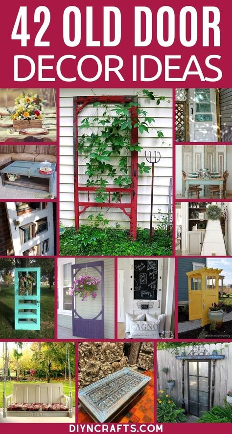 Old Door Trellis, Vintage Screen Door Ideas, Old Screen Door Decorating Ideas, Old Door Frame Ideas, Repurposing Doors Ideas, Glass Door Repurposed, Things To Make Out Of Old Doors, Decorating With Old Doors Outside, Old Farmhouse Door Ideas