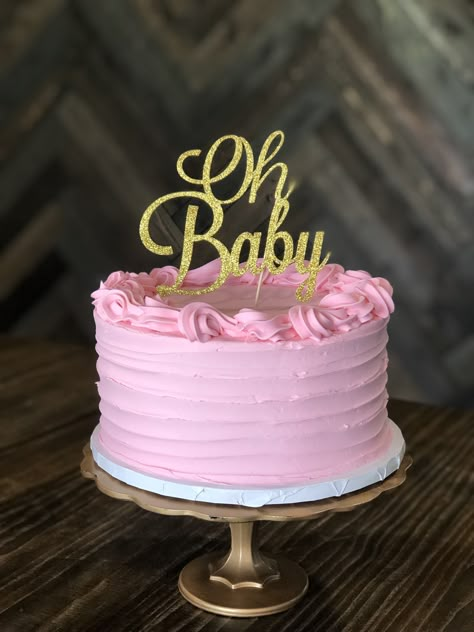 Simple baby shower cake with pink buttercream, rough texture, and custom banner. Babyshower Cake Pink, New Baby Cakes Girl, Pink Baby Shower Cake Ideas, Baby Girl Cakes For Showers, Pink Cake For Baby Girl, Tort Baby Shower Girl, Baby Shower Cakes Girl Simple, Baby Shower Cake Ideas Girl, Sherry Cakes