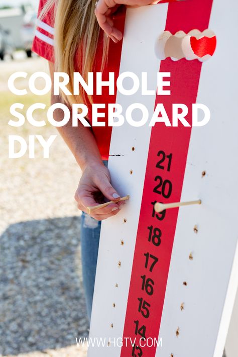 DIY Cornhole Scoreboard | HGTV.com Diy Scoreboard, Scoreboard Ideas, Cornhole Scoreboard, Diy Cornhole, Diy Cornhole Boards, Nutella Cookie, Diy Yard Games, Corn Hole Diy, Cornhole Designs