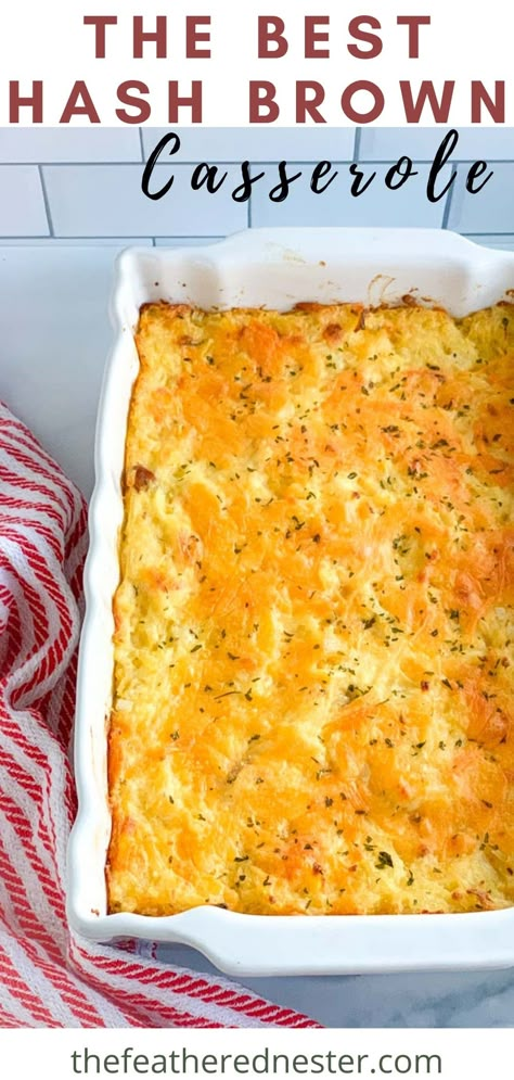 Hash Brown Casserole Recipe | This classic copycat Cracker Barrel hash brown casserole recipe (also known as funeral potatoes) is practically foolproof to make and perfect to serve as a side for dinner or breakfast! It features shredded frozen potatoes, cream of chicken soup, sour cream, and LOTS of cheese. Every bite is creamy, tangy, and oh-so satisfying! PLUS you can definitely make hash brown potato casserole without canned soup with my easy tips. - The Feathered Nester Hashbrown Casserole With Cream Of Chicken Soup, Breakfast Casserole Shredded Potatoes, Easy Hash Brown Casserole, Shredded Hashbrown Recipes, Hashbrown Casserole Easy, Brown Cheese, Cheesy Hashbrown, Homemade Hashbrowns, Hashbrown Casserole Recipe