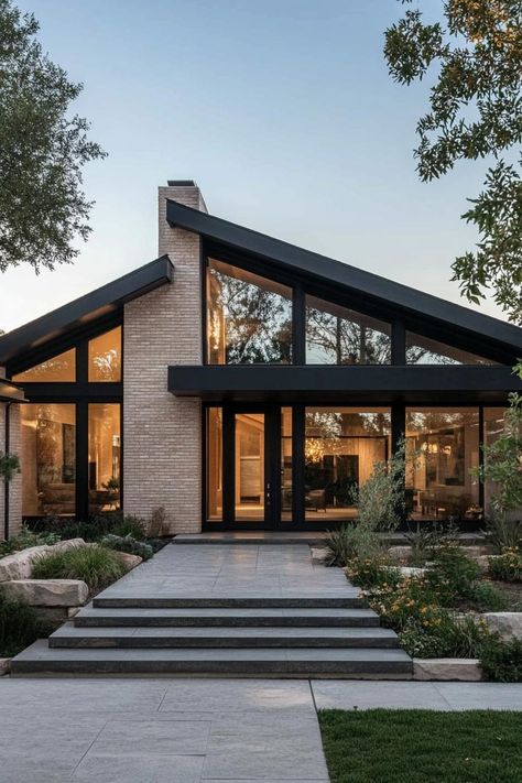 Modern ranch house facade with black framed windows and doors. Check out all of these modern ranch houses with creative and stylish designs that blend simplicity with sophistication. Exterior Of Modern House, Tom Kundig Houses, Modern Home Front Porch, Skillion Roof House Design, 70s House Renovation Exterior, Modern House Addition, Prairie House Exterior, Modern Industrial Home Exterior, Farmhouse Modern House Exterior