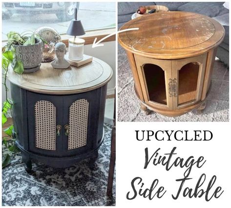 Side Table Upcycle, Table Flips, Refurbished End Tables, Side Table Redo, End Table Living Room, Upcycle Wood, Furniture Makeover Inspiration, Round Wood Side Table, Side Table Makeover