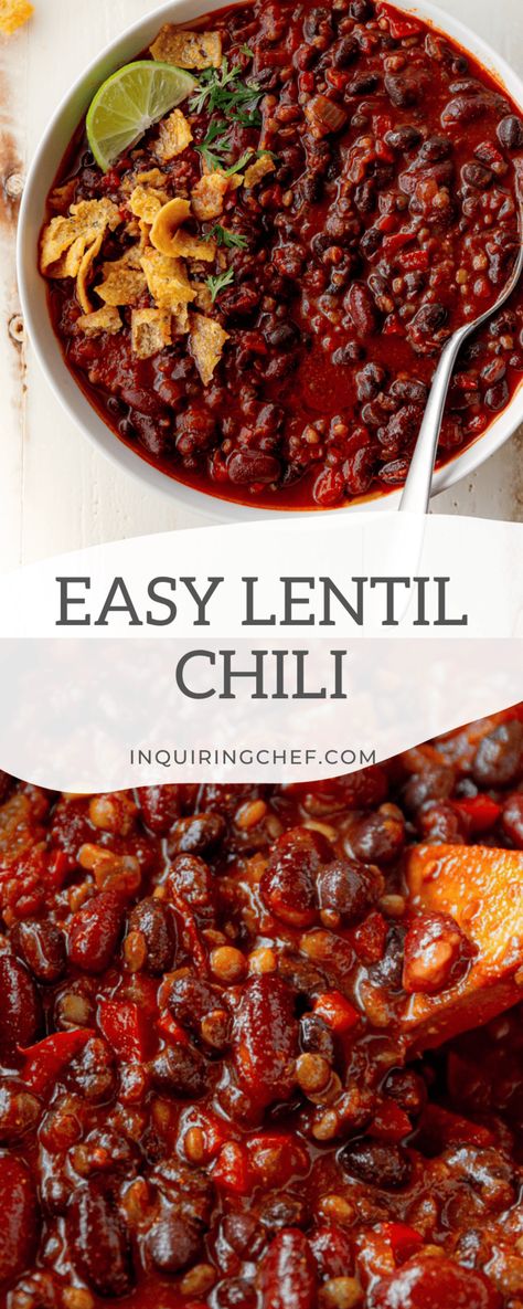 Fast and easy Lentil Chili has smoky, slightly spicy flavors, two types of beans, and lentils for loads of plant-based protein in a cozy bowl. Add your favorite toppings and dinner is served! #vegetarian #plantbased #chili #lentils #easydinner #easyrecipe #comfortfood Easy Vegetarian Chili, Lentil Chili Recipe, Vegetarian Chili Crock Pot, Beans And Lentils, Lentil Sausage Soup, Vegetarian Chili Easy, Slow Cooker Lentils, Lentil Chili, Lentils And Rice