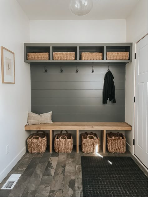 Mudroom With Shelves, Minimalist Mudroom Ideas Entryway, Shiplap Mudroom, Mudroom Laundry Room Ideas, Small Mudroom Ideas, Mudroom Remodel, Farmhouse Mudroom, Entry Storage, Mudroom Makeover