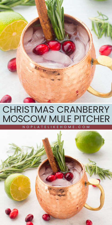 Learn how to make this best Christmas Moscow mule for your set of holiday drink recipes! A Cranberry Moscow Mule pitcher brings the holiday flavors into a crisp festive drink. Made with vodka, apple cider, cranberry juice cocktail, ginger beer, and lime juice! Cranberry Apple Moscow Mule Punch, Reindeer Mule Cocktail, Christmas Moscow Mule Recipe Holiday Cocktails, Pitcher Of Moscow Mule Recipe, Moscow Mules For A Crowd, Holiday Drinks Pitcher, Winter Moscato Punch, Mule Drink Recipes Whiskey, Cranberry Apple Cider Cocktail