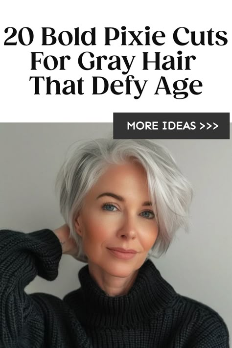 Woman with a short gray pixie haircut smiling at the camera. Best Haircut For Grey Hair, Short Thick Grey Hair Styles, Sassy Gray Hair Over 50, Short Gray Wigs, Hairstyles For Fine Gray Hair, Fashion For Grey Hair Women, White Short Hair Aesthetic, Thick Gray Hair Over 50, Shorter Grey Hair Styles