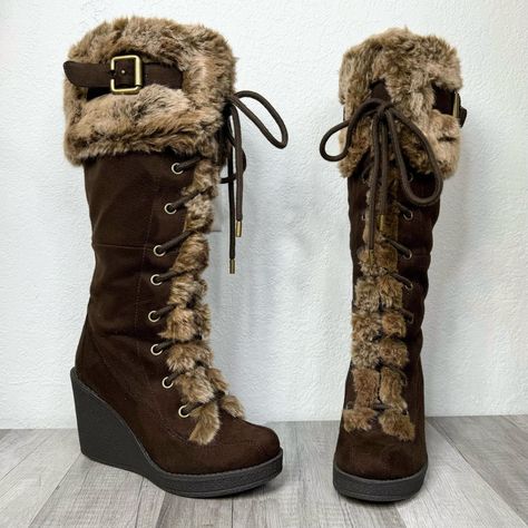 Y2K Brown Lace Up Faux Suede Faux Fur Fairy Wedge... - Depop Wedge Boots Fur, Lace Up Suede Boots, Winter Boots Chunky, Vintage Fur Boots, Wedge Fur Boots, Boot Heels Aesthetic, Y2k Winter Boots, Y2k Fur Boots, Y2k Fur Boots Outfit