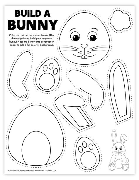 free printable build a bunny Easter Worksheets, Easter Crafts Preschool, Bunny Templates, Free Printable Crafts, Easter Preschool, Easter Activities For Kids, Bunny Coloring Pages, Seni Dan Kraf, Easter Coloring Pages