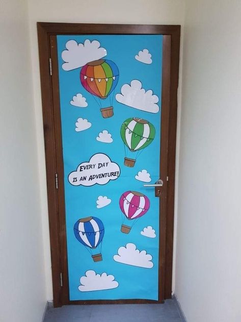 Hot Air Balloon Door Classroom, Up Themed Classroom Door, Hot Air Ballon Themed Classroom Door, Nursery Door Decoration, Door Decorations For Preschool Classroom, Hot Air Balloon Classroom Theme Bulletin Boards, Hot Air Ballon Bulletin Board Ideas, Nursery Door Decorations Classroom, Sky Theme Classroom Decorations