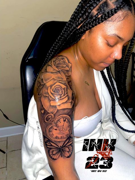 Should Sleeve Tattoo Women, Tattoo Sleeve Roses Woman, My Favorite Lady Tattoo, Blessed Tattoo With Cross, Cute Arm Tattoos For Women Simple, Scripture Sleeve Tattoos For Women, Cute Tattoo Sleeves For Women, Tattoos For Loved Ones Who Passed Sleeve, Girly Half Sleeve Tattoos