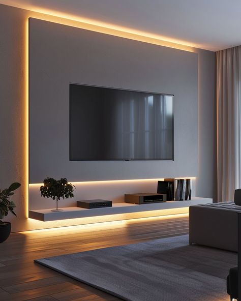 TV-Wand-Ideen für das Wohnzimmer: 14 kreative Vorschläge - Hygge and Home Wall For Tv In Living Room, Led Lights Behind Tv, Tv Wand Modern, Large Tv Wall Ideas Living Room, Room Ideas With Tv, Living Room Sofa Wall, Modern Wood House, Tv Living Room, Modern Bungalow House Plans