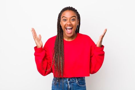 Photo feeling happy excited surprised or... | Premium Photo #Freepik #photo #african-hair #black-beauty #braid #beautiful-woman Handbill Design, Welcome Text, Clapping Hands, Stock Photos People, Black Creatives, Student Images, Student Photo, Marketing Icon, Studio Portrait Photography