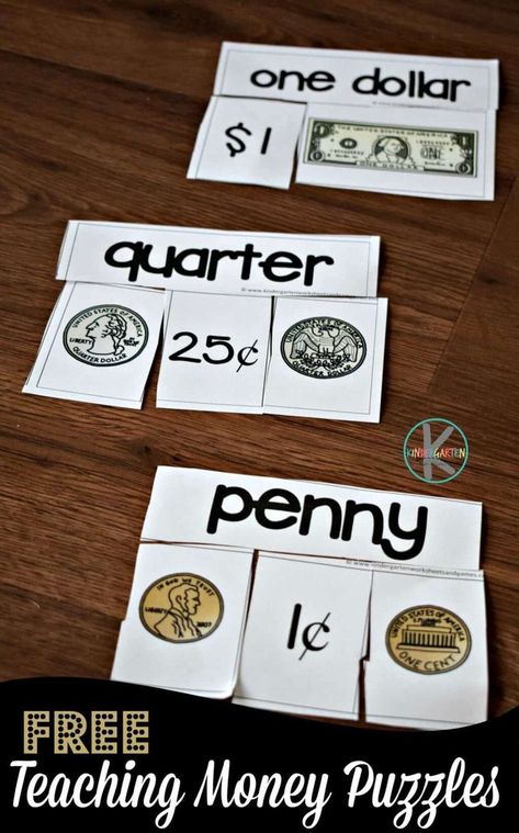 FREE Teaching Money Puzzles - super cute fun math activity to help prek, kindergarten, and first grade students to learn american coins and their value #kindergarten #money #math Kindergarten Money, Counting Money Activities, Money Math Games, Money Kindergarten, Money Centers, Counting Money Worksheets, Money Puzzles, Math Addition Games, Money For Kids