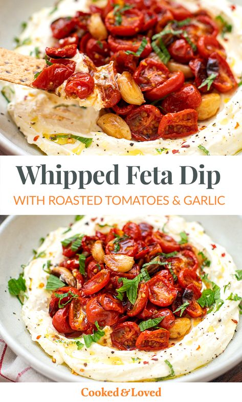 Flavours explode in this whipped feta dip with roasted cherry tomatoes and garlic. Served with crispbreads, crackers, sourdough bread, or whatever low-carb or gluten-free alternative you have, this amazing appetizer will have everyone talking! Great for the holidays, as part of a mezze platter or as a dinner party starter. One of the best feta recipes! Roasted Tomatoes Recipe, Tomato Appetizers, Dinner Party Starters, Mezze Platter, Whipped Feta Dip, Tomatoes Recipe, Feta Recipes, Feta Dip, Roasted Cherry