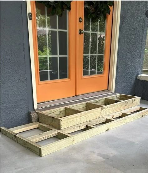 Concrete Patio Wood Steps, Backdoor Steps Ideas, Steps From House To Patio, Diy Steps Outdoor, Back Steps To House, Patio Stairs Ideas, Shed Steps, Backdoor Steps To Patio, Steps To Front Door