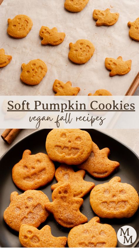 Trending Fall Recipes, Pumpkin Spice Cookies Vegan, Halloween Cookies Healthy, Pumpkin Halloween Recipes, Halloween Baking Healthy, Pumpkin Treat Recipes, Halloween Cookies Vegan, Kid Friendly Fall Desserts, Halloween Vegan Snacks