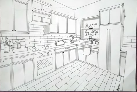 Inside House Drawing Sketches, Dream Kitchen Layout Drawing, Kitchen Perspective Drawing, Kitchen Sketch, Dream House Drawing, Dream Kitchen Layout, Two Point Perspective, Small Bathroom Layout, Space Project