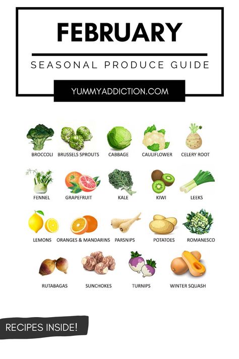 February Fruits And Vegetables, Fruits And Vegetables In Season, Romanesco Recipes, Vegetables In Season, Mandarine Recipes, Seasonal Produce Guide, Seasonal Fruits And Vegetables, Parsnip Recipes, Winter Squash Recipes