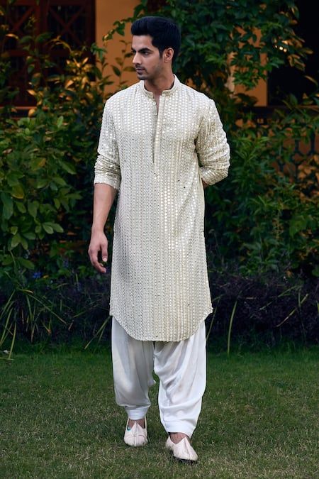 Buy Green Georgette Embroidery Mirror Yasir Kurta Set For Men by Ankit V Kapoor Online at Aza Fashions. Kurta Man Design For Men, White Kurta Pajama Men Weddings, Ivory Kurta For Men, Mens Kurta Designs Style Indian Weddings, Off White Kurta For Men, White Kurta Designs For Men, Sky Blue Kurta Men, Kurta Pajama Men Design, Best Kurta Designs For Men