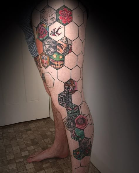 101 Best Hexagon Tattoo Ideas You Have To See To Believe! 11 Outsons Honeycomb Tattoo Thigh, Hexagon Leg Tattoo, Evolution Tattoo Ideas, Collage Tattoo Sleeve, Let Sleeve Tattoo, Hex Tattoo, Geometric Hexagon Tattoo, Hexagon Tattoos, Marvel Sleeve