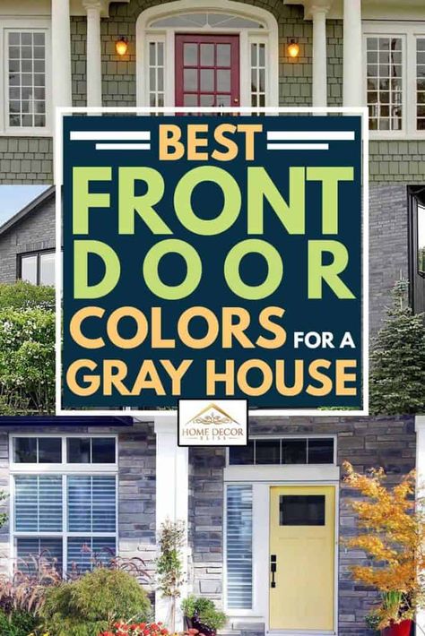 Best Front Door Colors For A Gray House - Home Decor Bliss Grey Siding Door Color, Front Porch Ideas Dark Gray House, Gray House Landscape Ideas, Landscaping For Dark Gray House, Front Door Colour For Grey House, Grey House With Colored Front Door, Front Door Paint Ideas For Gray House, Gray House Colored Door, Best Color Door For Gray House