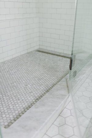 All White Shower Bathroom, Master Bath Ideas Shower Only, Timeless Bathroom Tiles, Bathroom Floors Ideas Tile Master Bath, Shower And Floor Tile Combo, Timeless Shower Tile, Master Bath Tile Floor, Floor And Decor Bathroom Tile Ideas, Floor And Decor Bathroom