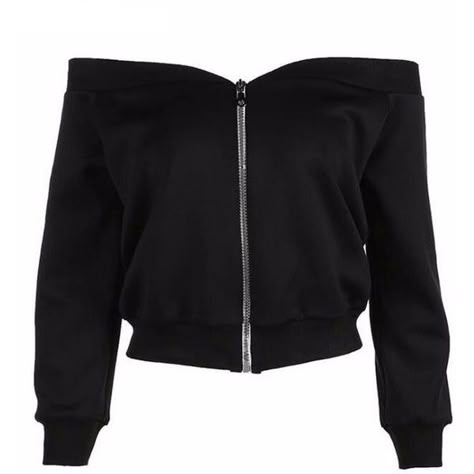 Off The Shoulder Zip Up Cropped Sweatshirt Shop Elettra (€50) ❤ liked on Polyvore featuring tops, hoodies, sweatshirts, black, cropped sweatshirt, cut-out crop tops, zip up top, off-shoulder tops and zip up sweatshirts Off Shoulder Jacket, Zip Up Crop Top, Off The Shoulder Sweatshirt, Zip Up Top, Sweaters Black, Off The Shoulder Tops, Denim Crop Top, Crop Top Hoodie, Cute Crop Tops