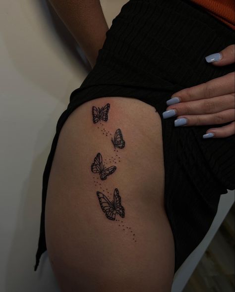 Hip Tattoos Butterflies, Hip Thigh Tattoos Butterfly, Butterfly Hips Tattoo, Tatoos Woman Thigh Butterfly, Butterfly Flower Hip Tattoo, Butterflies On Hip Tattoo, Thigh Hip Tattoo Women Unique Butterfly, Butterfly Tattoo Side Hip, Side Hip Butterfly Tattoo