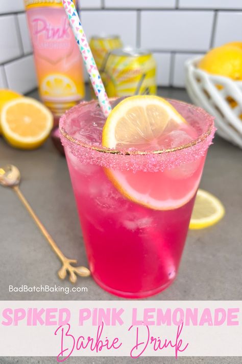 Spiked Pink Lemonade Barbie Drink - Bad Batch Baking - Restaurant Copycat Recipes & Family Favorites Barbie Pink Lemonade, Pink Colored Drinks, Smirnoff Pink Lemonade Recipes, Y2k Party Drinks, Barbie Party Drinks, Pink Birthday Drinks, Barbie Themed Drinks, Pink Batch Cocktail, Barbie Drinks Alcohol