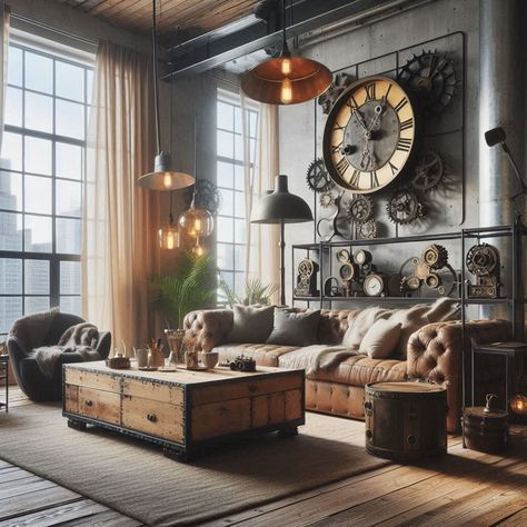 Industrial Modern Living Room Warm Industrial Living Room, Rustic Living Room Ideas, Modern Industrial Living Room, Industrial Modern Design, Industrial Living, Industrial Style Lighting, Industrial Livingroom, Exposed Brick Walls, Minimalist Furniture