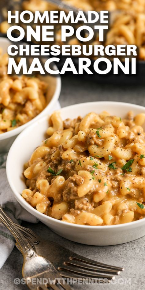 Cheeseburger macaroni is pure home-cooked comfort using pantry staples in one pot! Browned ground beef is cooked with elbow macaroni and savory seasonings in a creamy broth until tender. Stir in shredded cheddar or Velveeta cheese and dinner is served! Cheeseburger macaroni is ready in under 30 minutes, making for a perfect weeknight meal. #cheeseburgermacaroni #spendwithpennies #cheeseburgermacaroniskillet #cheeseburgermacaronirecipe Instant Pot Cheeseburger Macaroni, Cheese Burger Macaroni, Cheeseburger Skillet, Ground Beef And Pasta, Classic Cheeseburger, Cheeseburger Macaroni, Homemade Cheeseburgers, Beef And Pasta, Macaroni Recipes