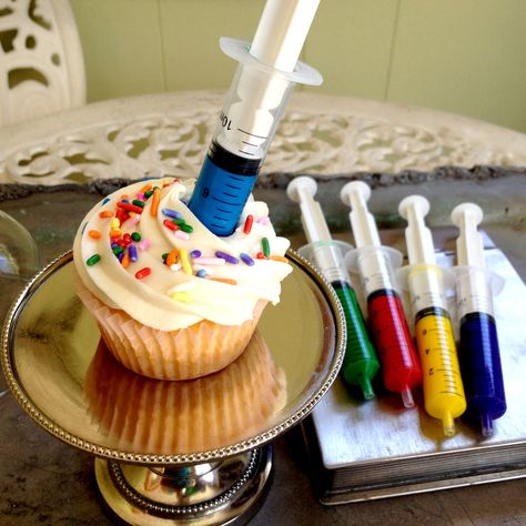 OK so these would be fun for Halloween but imagine these for a graduation party for a nursing student!! hurry up and finish school. Nurse Cupcakes, Science Cake, Science Party Decorations, Banana Cupcake, Science Birthday Party Ideas, Scientist Birthday Party, Mad Scientist Birthday, Finish School, Mad Science Party