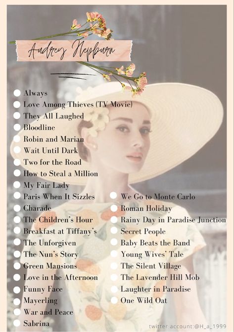 #audreyhepburnstyle #audrey #movielist #movienight Audrey Hepburn Movies List, Old Hollywood Musicals, Coquette Movie List, Old Hollywood Movies List, Old Films To Watch, Audrey Hepburn Book, Vintage Movies To Watch, Dreamy Movies, Classy Movies