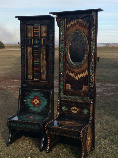 Western End Tables Diy, Native American Furniture, Southwest Stencils, Gothic Moodboard, Western Chairs, Southwestern Gothic, Turquoise Painted Furniture, Western Victorian, Arizona Christmas