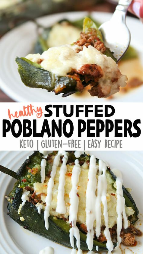 Easy Chiles Rellenos {Baked Poblano Peppers w/Turkey Taco Meat} Poblano Peppers Stuffed, Stuffed Chili Relleno Recipe, Poblano Recipes, Chile Relleno Recipe, Poblano Peppers Recipes, Roasted Poblano Peppers, Chili Relleno, Roasted Poblano, Mexican Crema