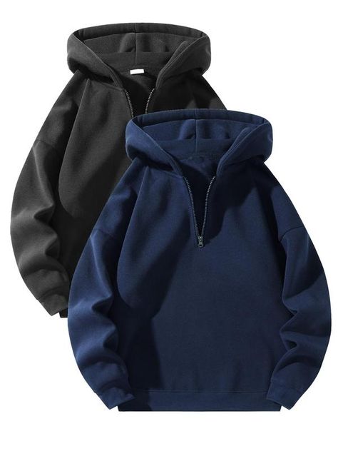 Men's Plain Half Zip Up Thermal Lined Hoodie, Summer Outfits 2024 Sets, Regular Fit Casual Drop Shoulder Long Sleeve Hooded Sweatshirt for Fall & Winter, Men's Clothes for Daily Wear, Fall Clothes Summer Outfits 2024, Lined Hoodie, Fall Clothes, Men's Clothes, Cozy Fashion, Modest Outfits, Half Zip, Hooded Sweatshirt, Drop Shoulder