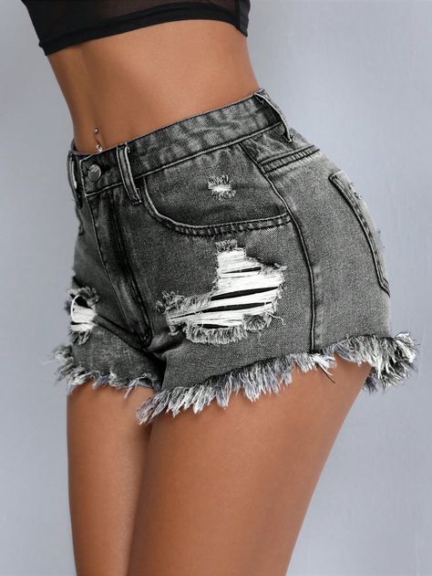 SHEIN PETITE Ladies" Casual Denim Shorts With Frayed Hem, Ripped Detail And PocketsI discovered amazing products on SHEIN.com, come check them out! Women Denim Shorts, Casual Denim Shorts, Ripped Jean Shorts, Petite Shorts, Short Jeans, Denim Shorts Women, Short En Jean, Inspiration Mode, Casual Denim